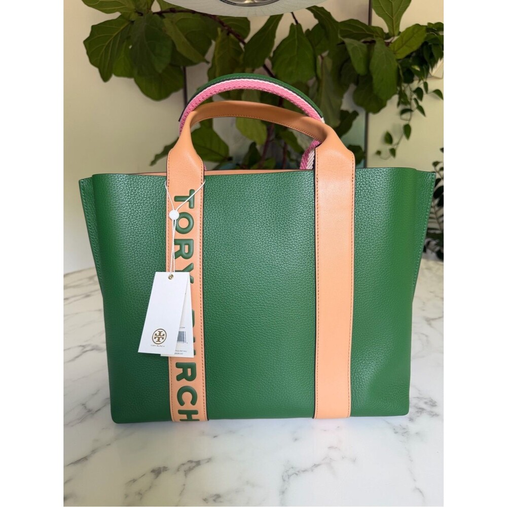 NWT Tory Burch Perry Multi Stripe Leather Triple Compartment Tote Arugula Green